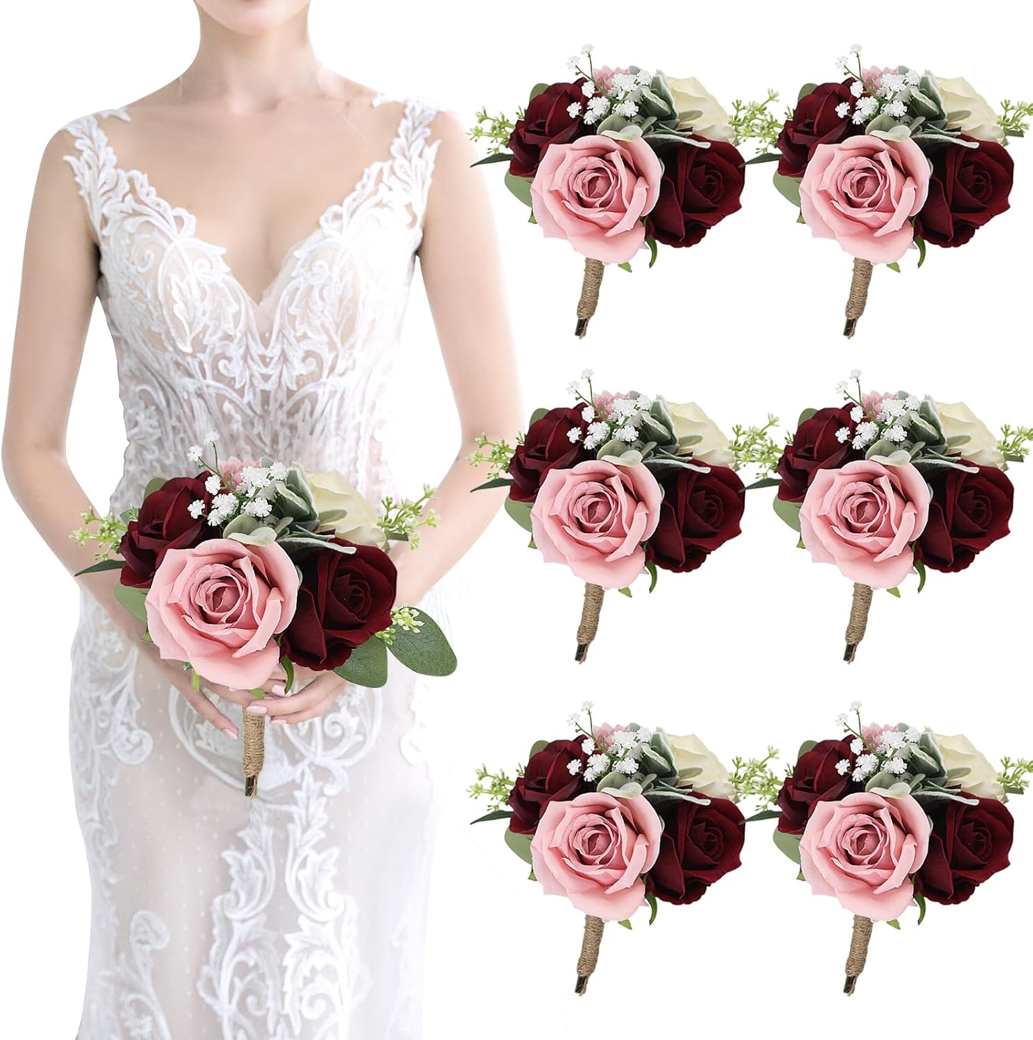 Set of 6 Artificial Bridesmaids Bouquets for Wedding Decor