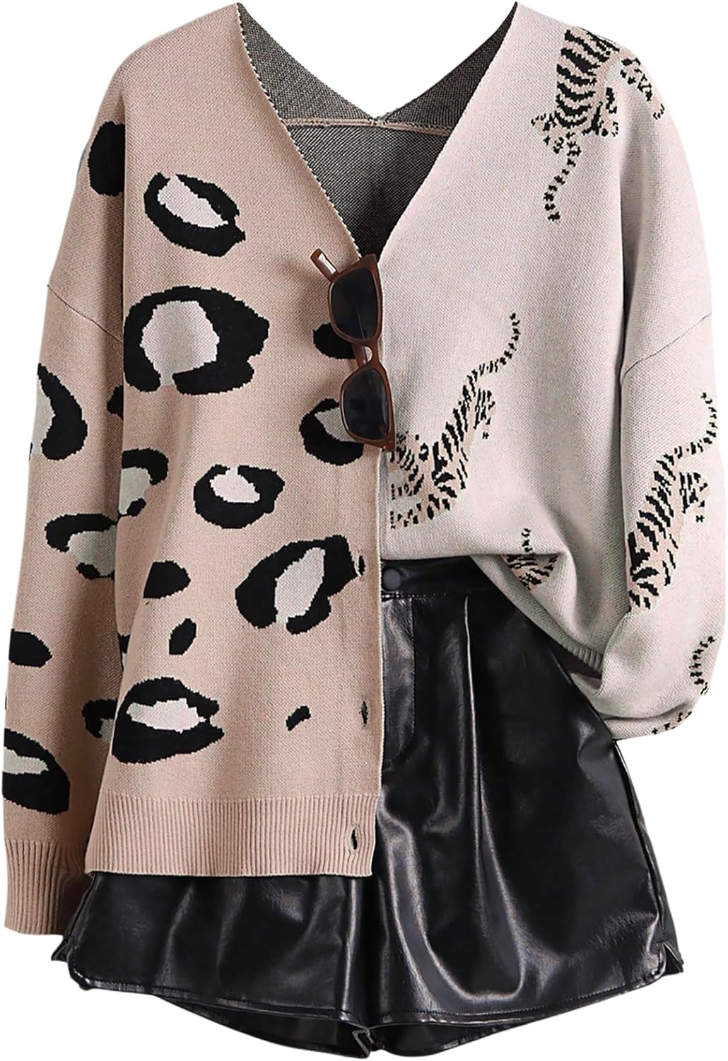 Leopard Tiger Print Cardigan V Neck Long Sleeve Sweater Outwear
