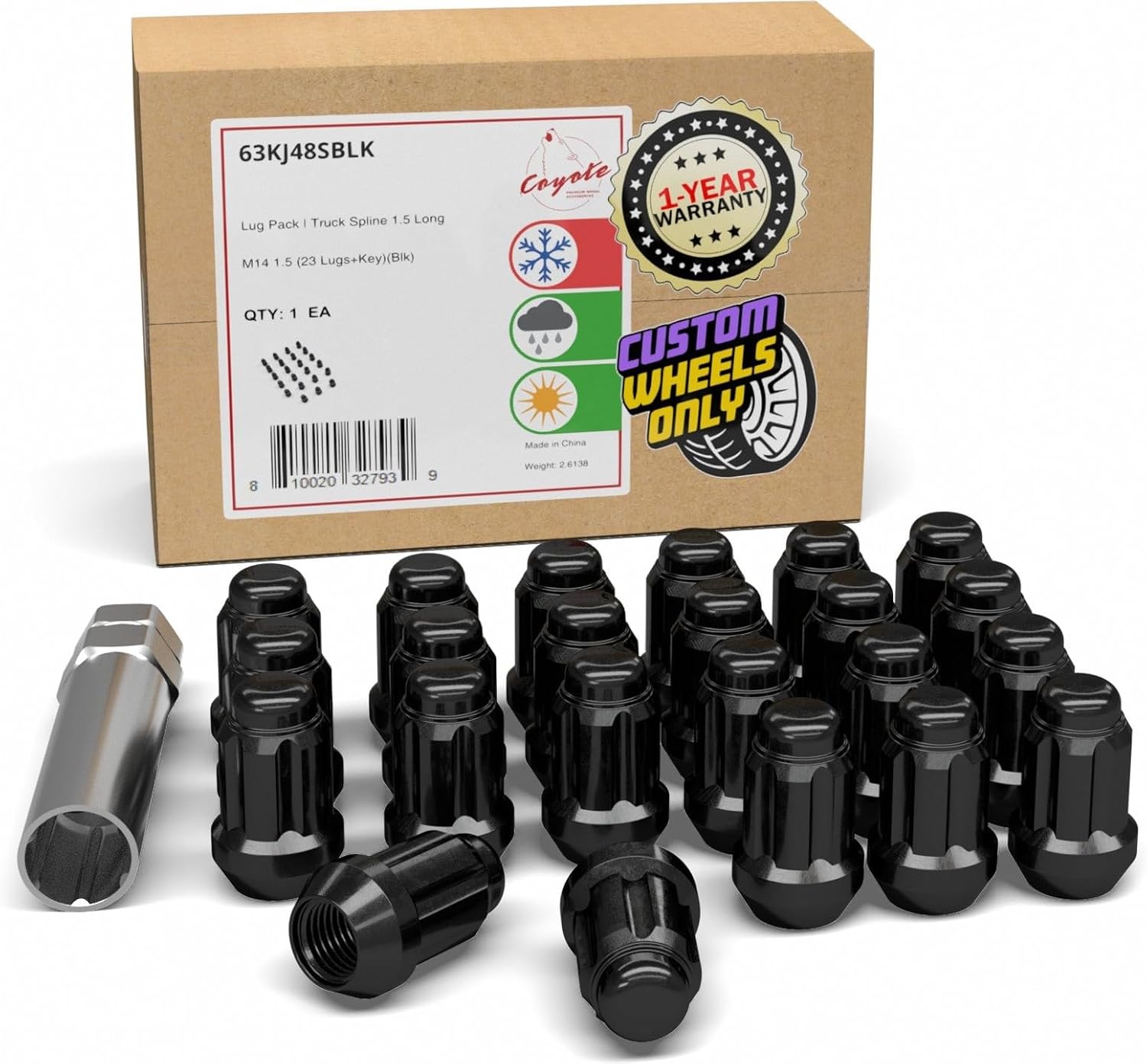 23 Pcs M14x1.5 Black Chrome Short Truck Lug Nuts for Jeep