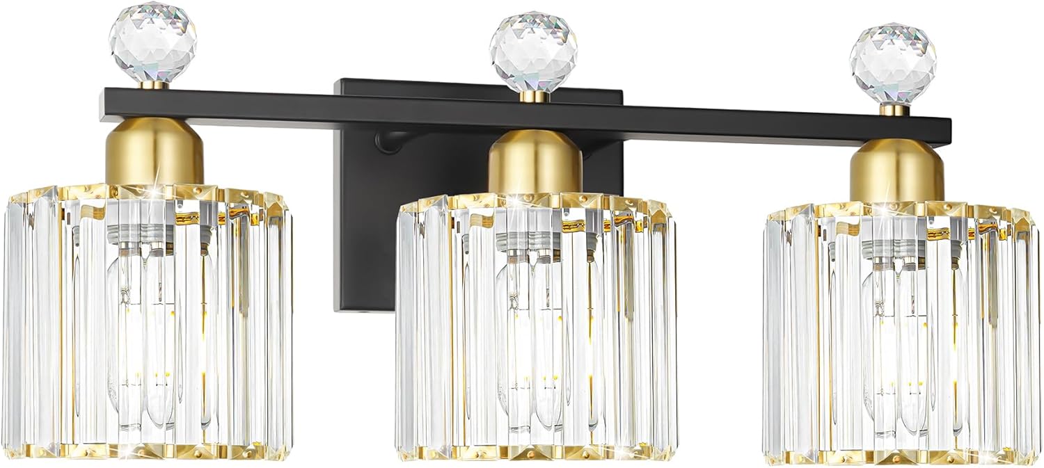 Black and Gold Bathroom Vanity Light with Crystal Elegance