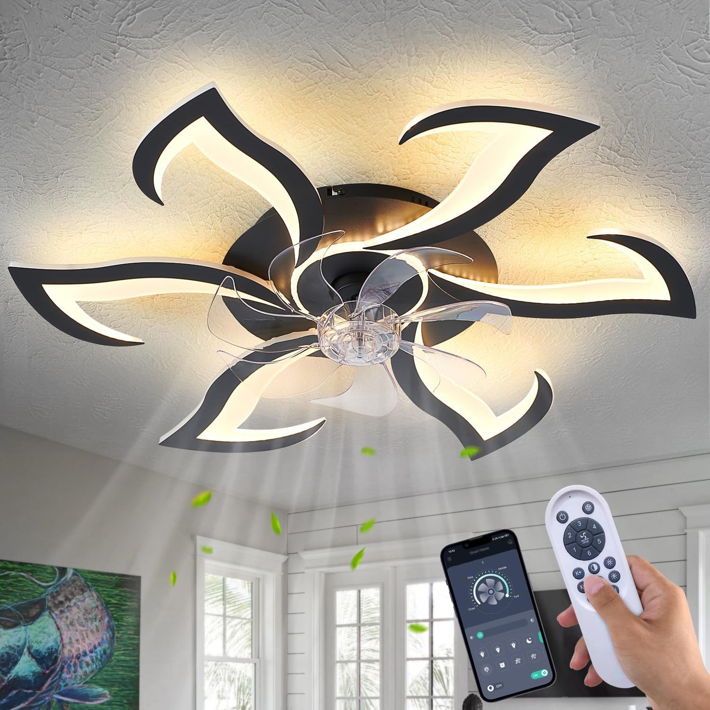 32 Inch Black Modern Ceiling Fan with Lights and Remote Control