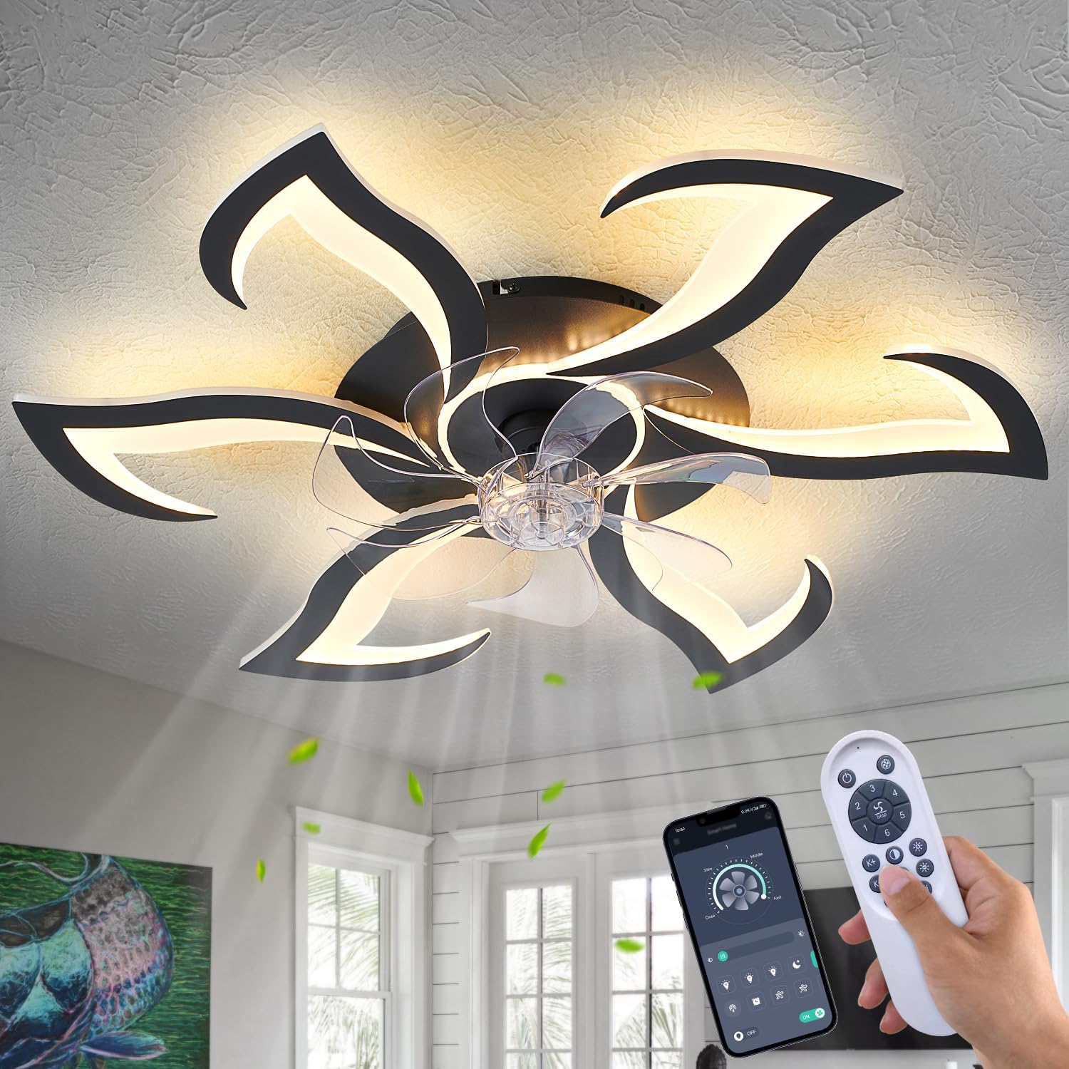 32 Inch Black Modern Ceiling Fan with Lights and Remote Control