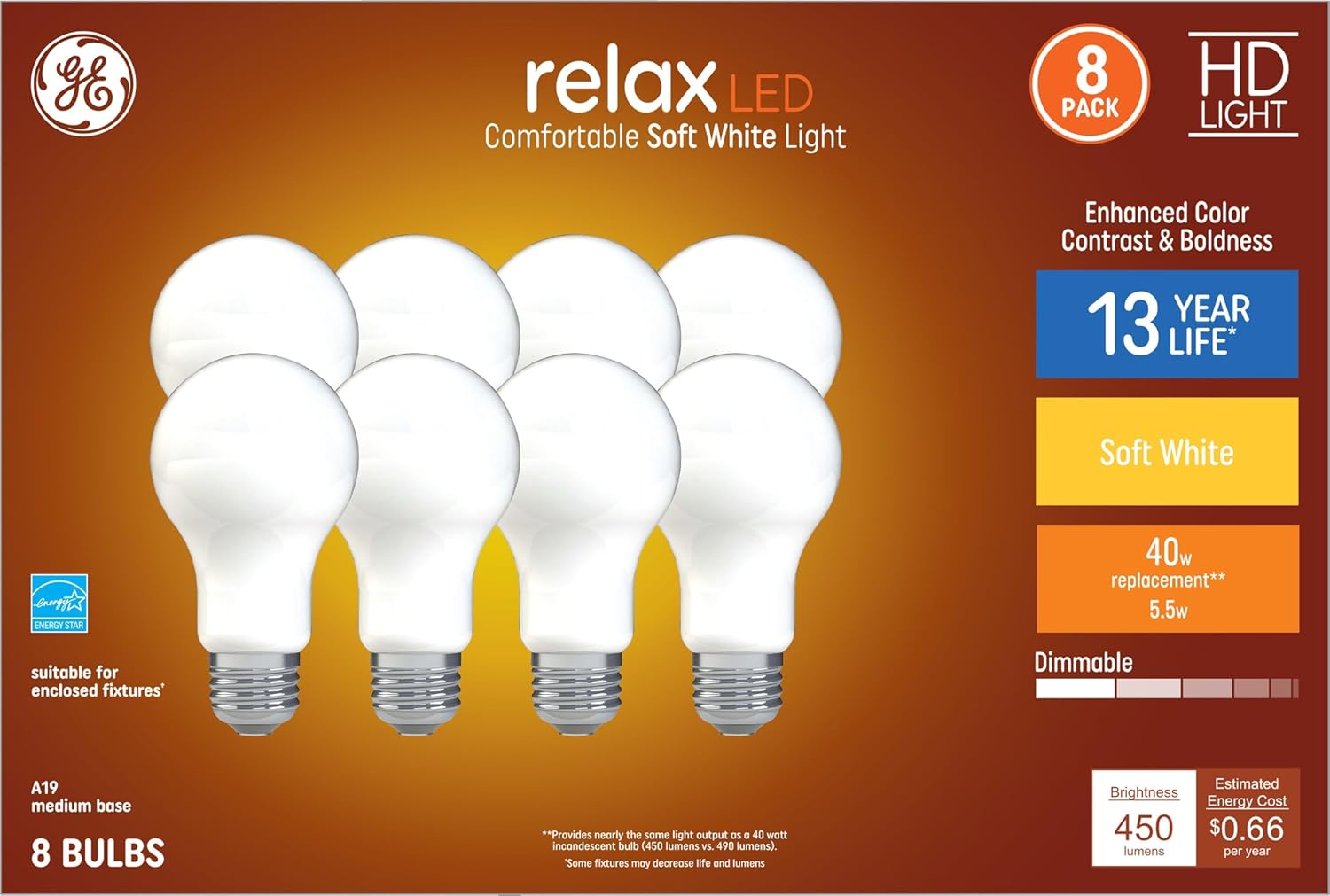 GE Relax Dimmable Warm White A19 LED Light Bulbs 8-Pack