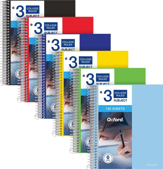 Oxford 3 Subject Spiral Notebook Set with Water-Resistant Covers