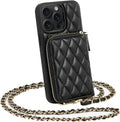 LAMEEKU iPhone 15 Pro Case Wallet Crossbody - Quilted Leather Cover