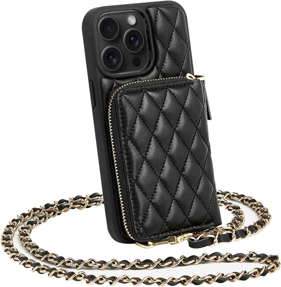 iPhone 15 Pro Case Wallet with RFID Blocking and Zipper Strap