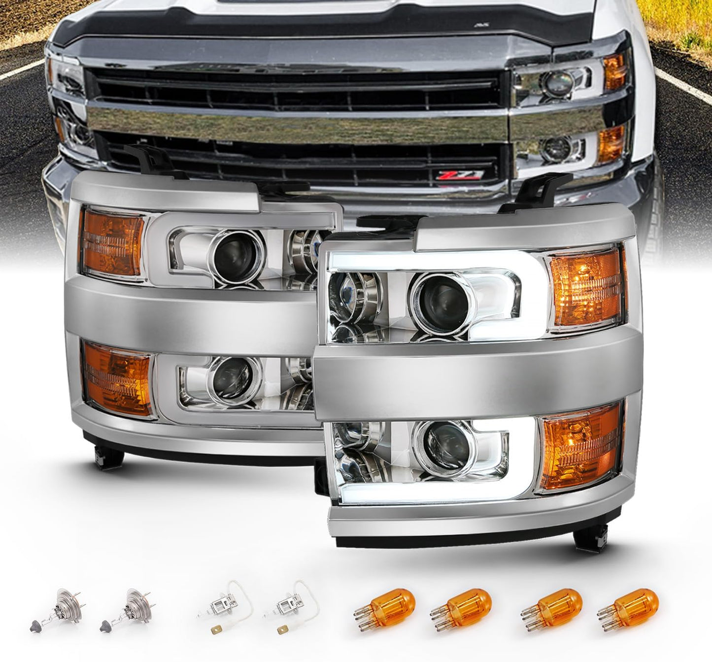 AmeriLite Chrome Quad Projector Headlights for Chevy Silverado