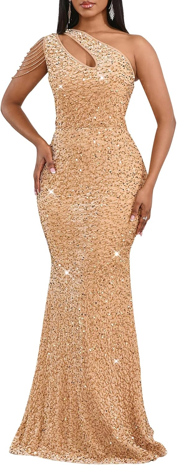 Elegant One Shoulder Sequin Mermaid Bodycon Evening Dress