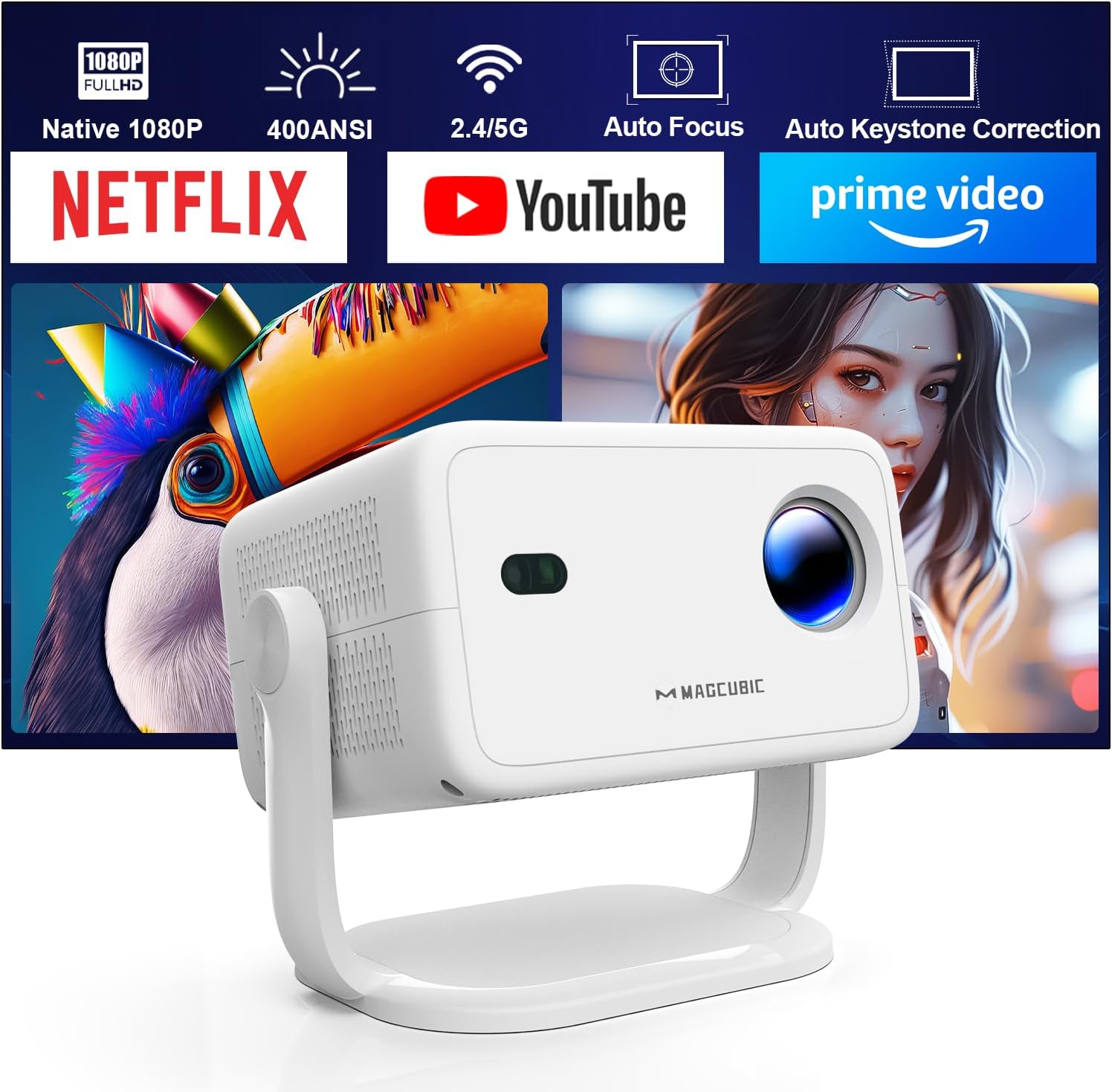 4K Wifi Bluetooth Projector, Smart Home Theater, Voice Control