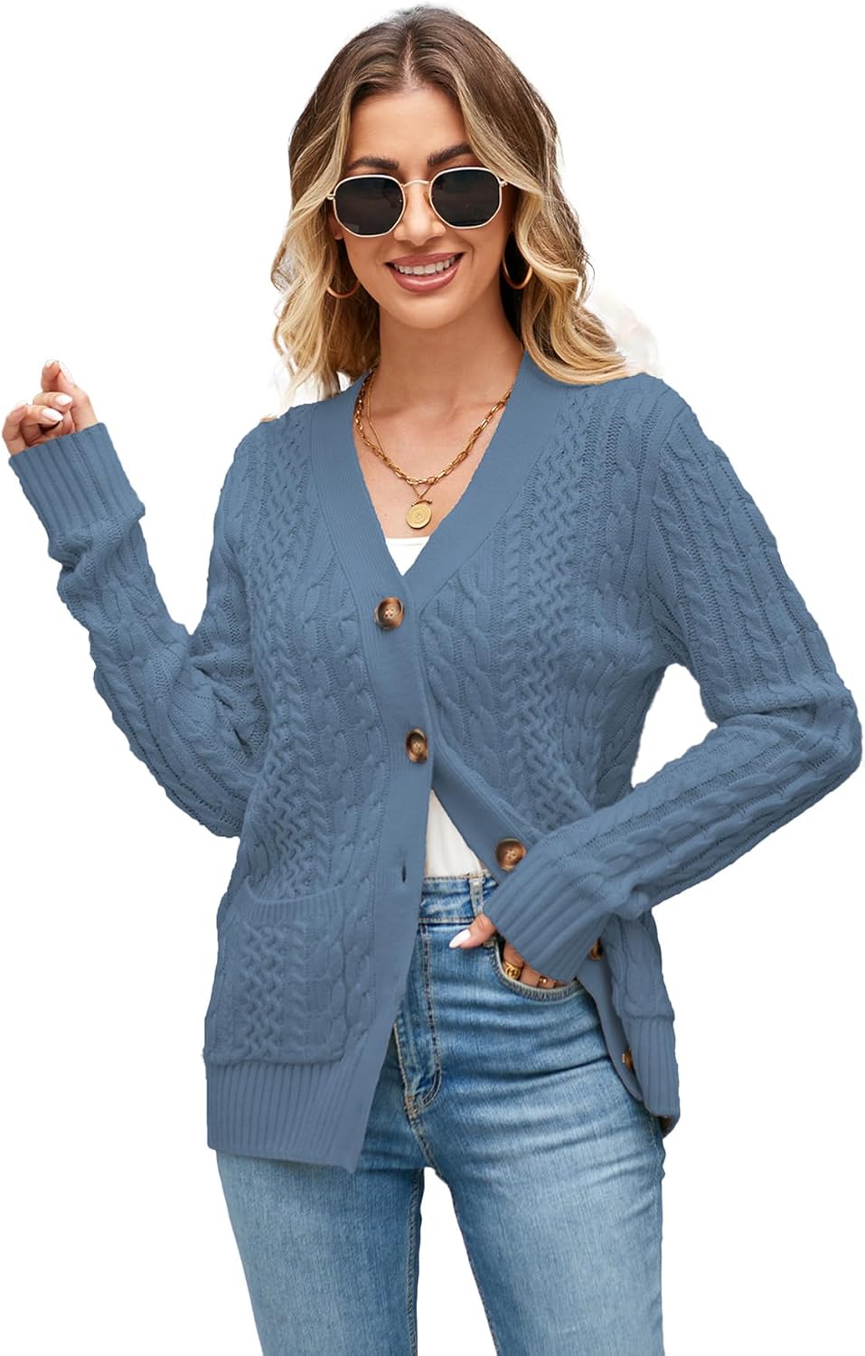 Womens Cardigan Sweaters Cable Knit Open Front with Pockets