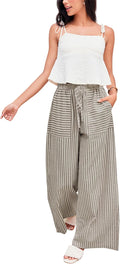 Wide Leg Striped Cotton Pants Drawstring Mid Rise - Casual Palazzo