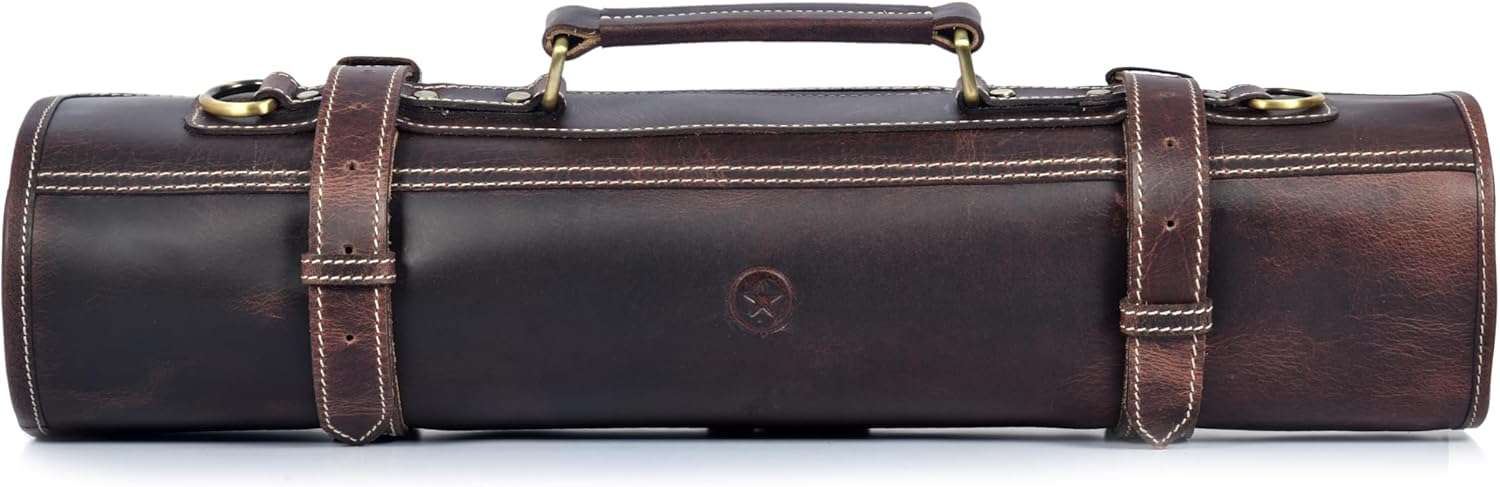 Leather Knife Roll Storage Bag with 10 Pockets for Chefs