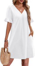 OFEEFAN Ruffle Short Sleeve V Neck Dress for Women - With Pockets