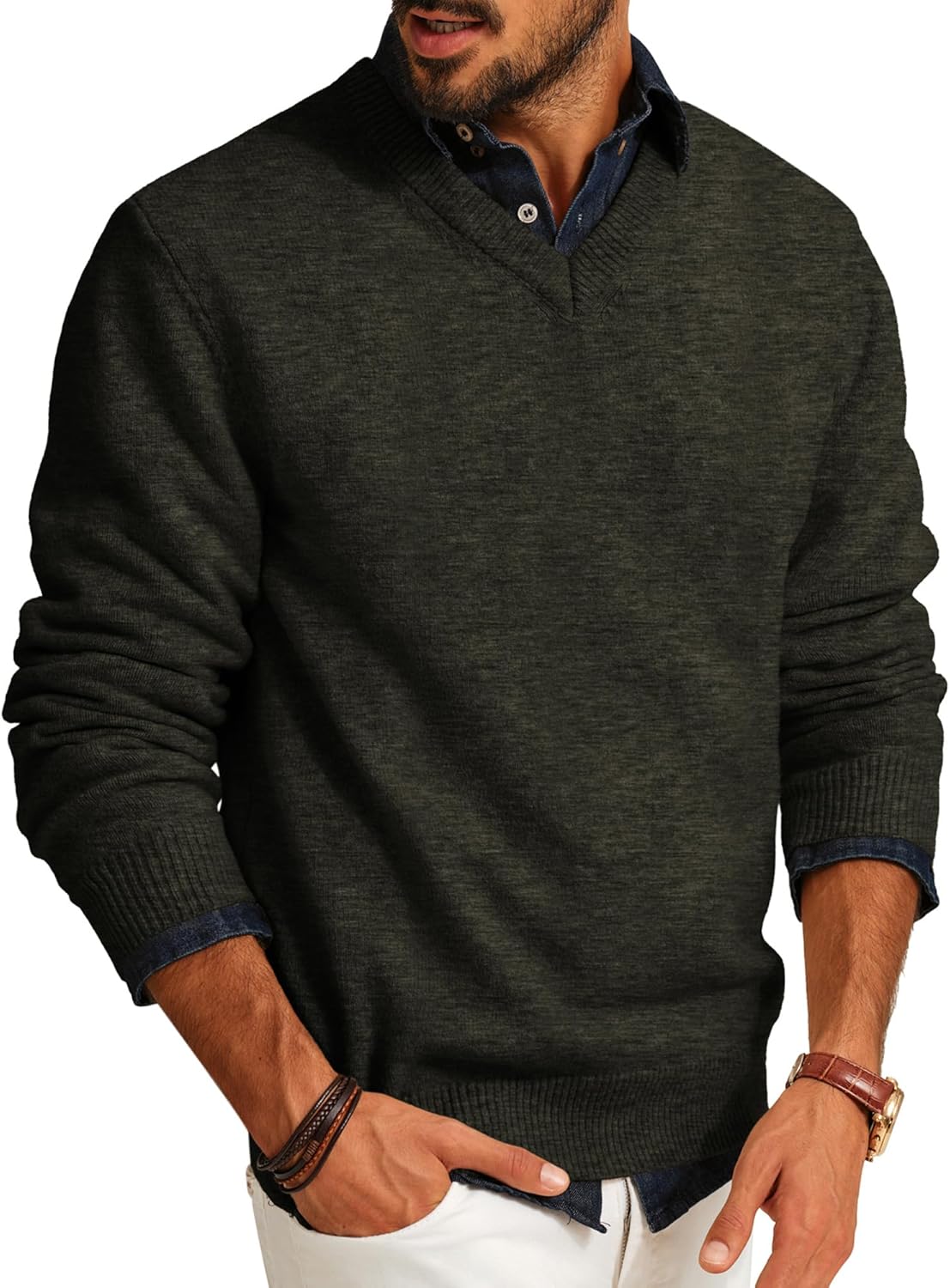 PJ PAUL JONES Mens V Neck Pullover Lightweight Wool Blend Sweater