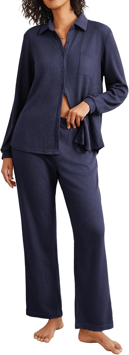 Ekouaer Womens Pajamas Set Long Sleeve Soft Waffle Knit Sleepwear