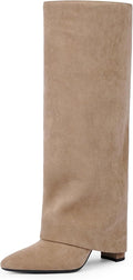 Knee High Boots Women Fold Over Chunky Heels - Sleek Comfort