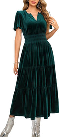 R.Vivimos Velvet Maxi Dress - Flattering Tiered Ruffle A-Line