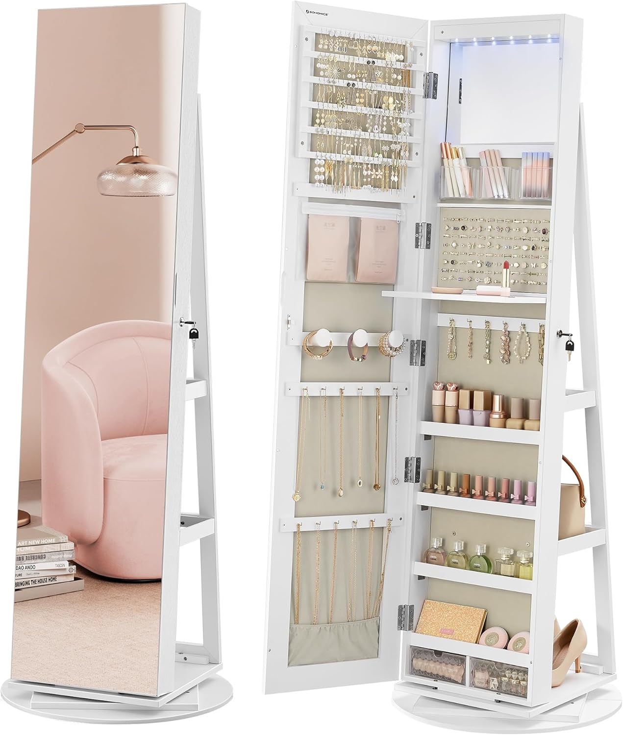 SONGMICS Lockable Mirror Jewelry Cabinet with LED Lights