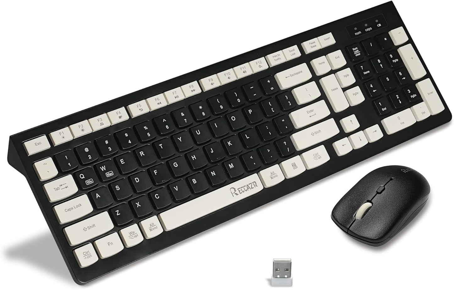 RECCAZR Wireless Keyboard & Mouse Combo - Full-Sized, Cordless, Dual-System - Black/Cream