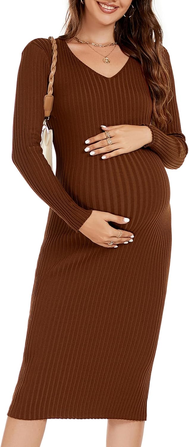 Maternity Dress Long Sleeve V Neck Knit Stretchable Sweater