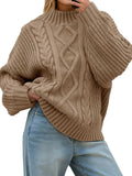 Womens Oversized Cable Knit Sweater - Cozy Button Up Turtleneck