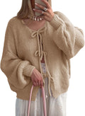 Tie Front Cardigan Sweater with Bow Puff Sleeves - Cozy Chic