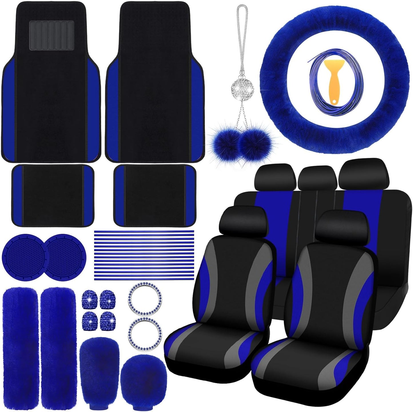 47 Pcs Car Seat Cover Full Set with Fluffy Accessories in Blue
