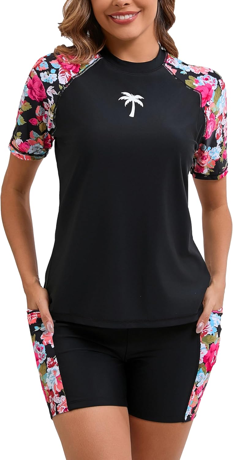 Halcurt Women's Two Piece Rash Guard Swim Set with Boyshorts