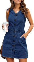 LookbookStore Sleeveless V Neck Button Down Frayed Hem Denim Dress