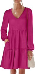 ANRABESS Womens Long Sleeve V Neck Tiered Flowy Dress - Casual Fall