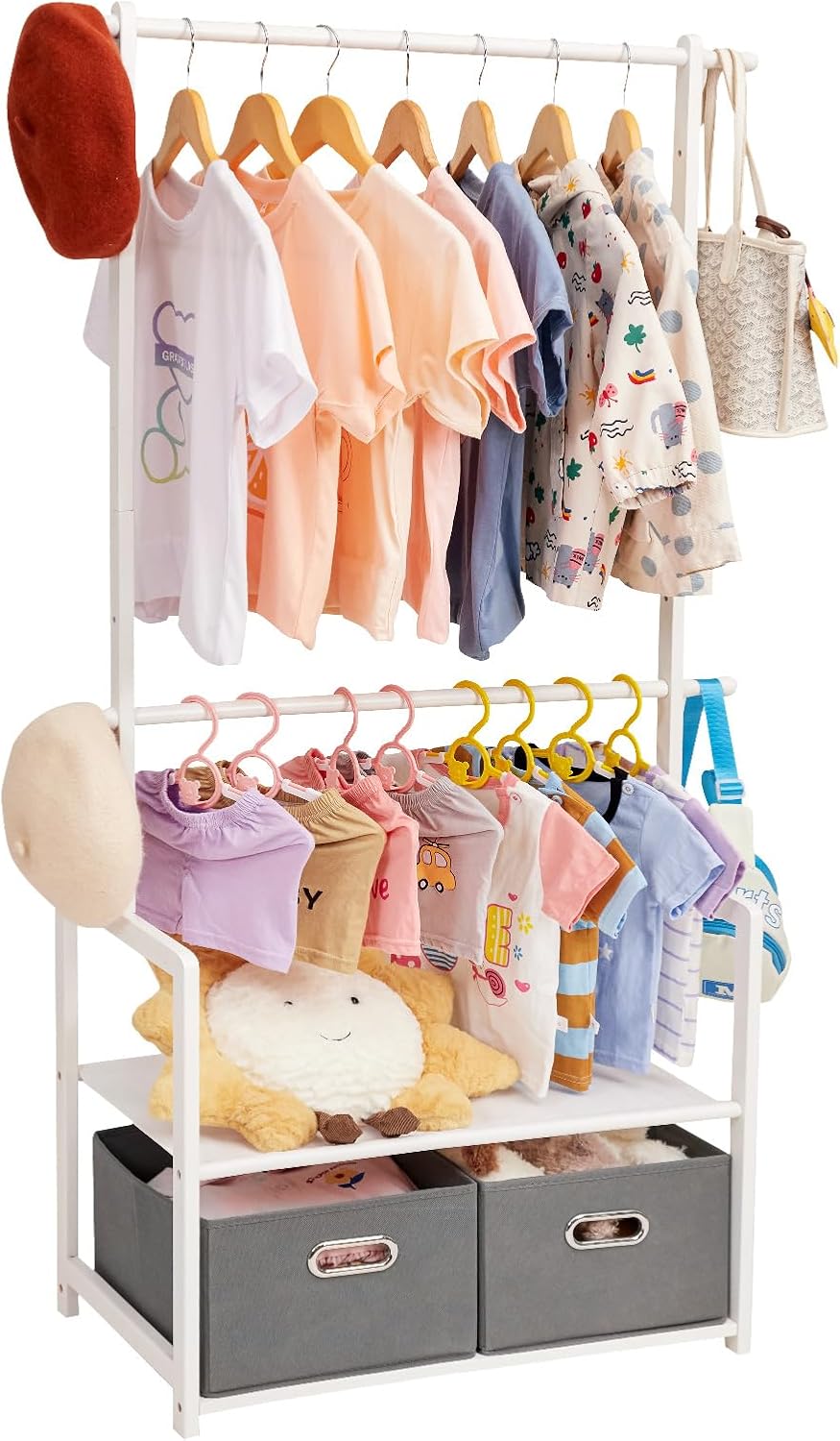 Kids Clothing Rack Bamboo with Storage Baskets and Rods