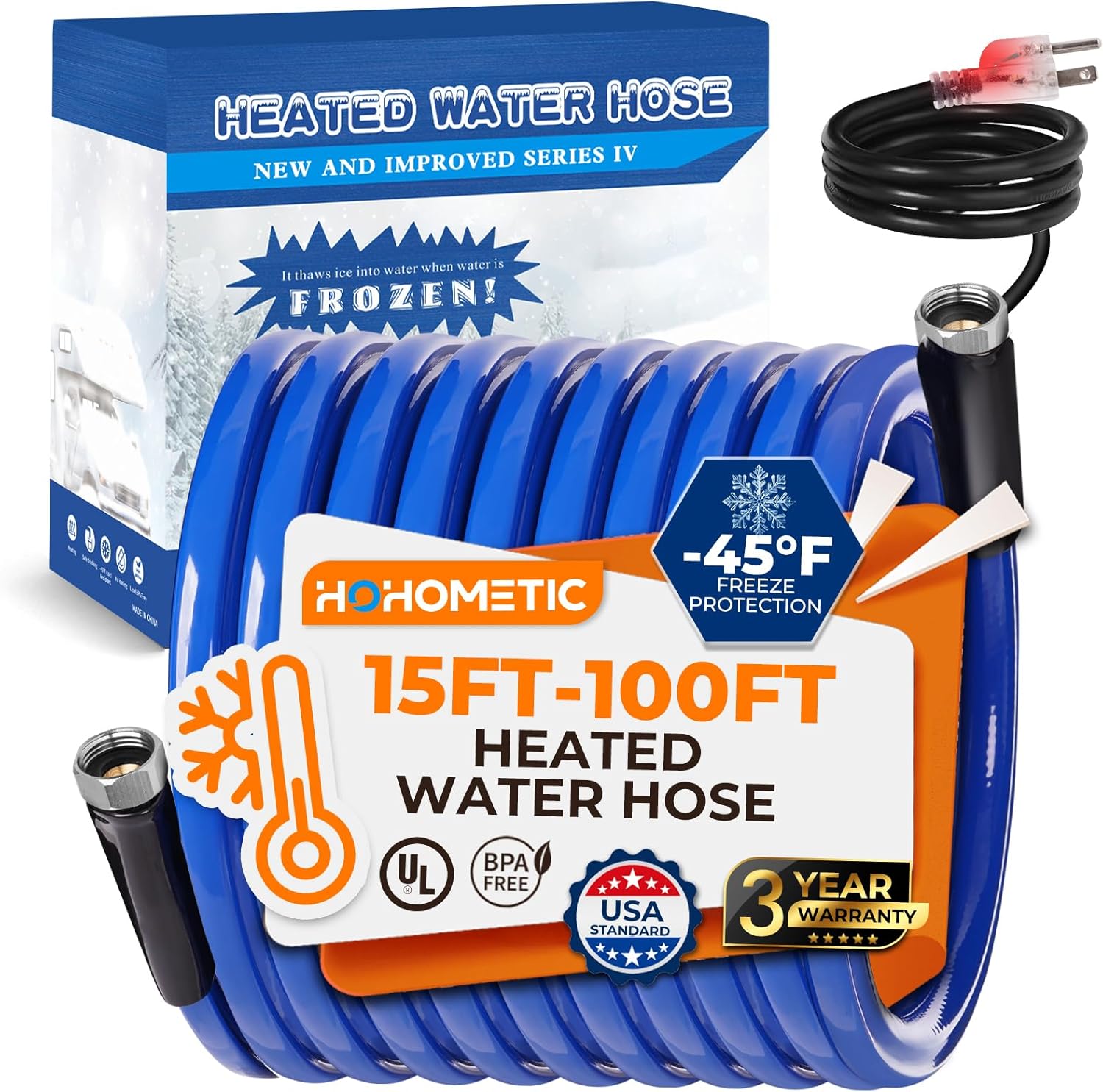 30FT Heated Water Hose for RV -45F Antifreeze Protection