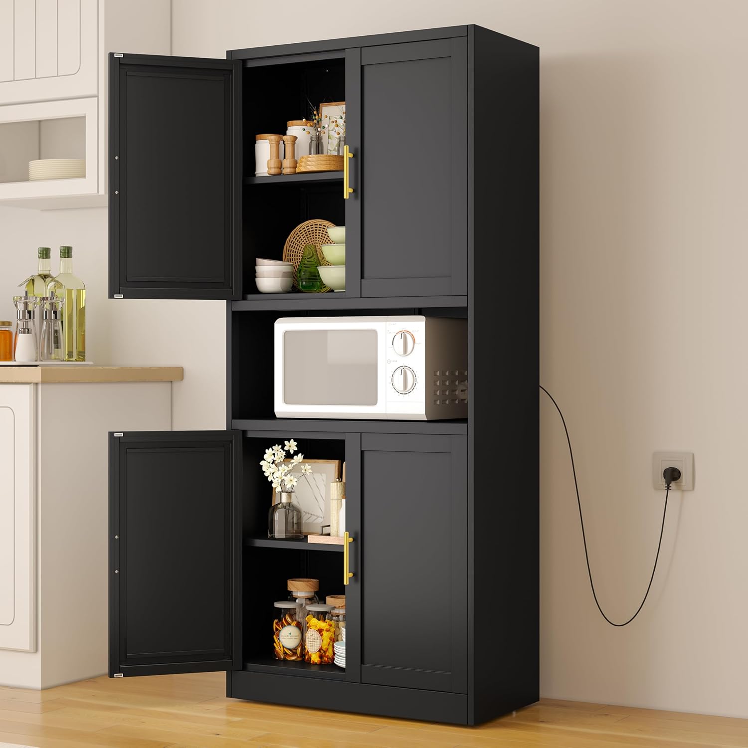 61 Tall Black Storage Cabinet - Adjustable Shelves, Doors, Multi-Functional