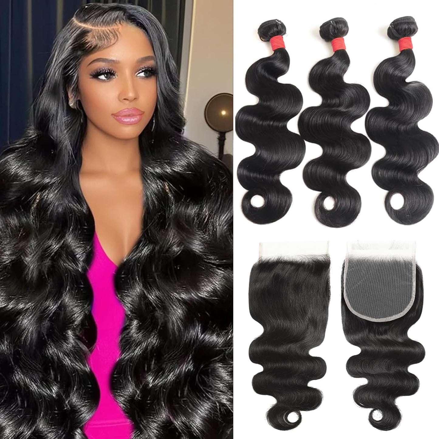 Bundles with Closure Human Hair 12A Body Wave 3 Bundles Set