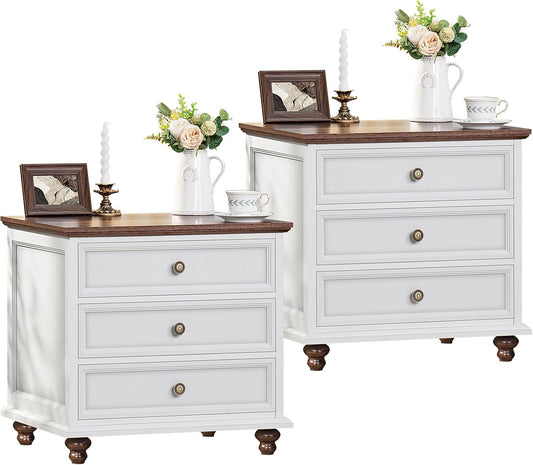 24 Inch Wide Farmhouse Night Stand Set of 2 with 3 Drawers