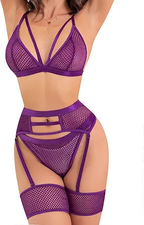 Popiv Women's Fishnet Lingerie Set with Garter Belt for Seduction