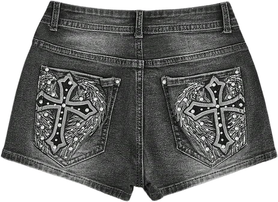 WDIRARA Women's Cross Embroidery Rhinestone Denim Shorts Review