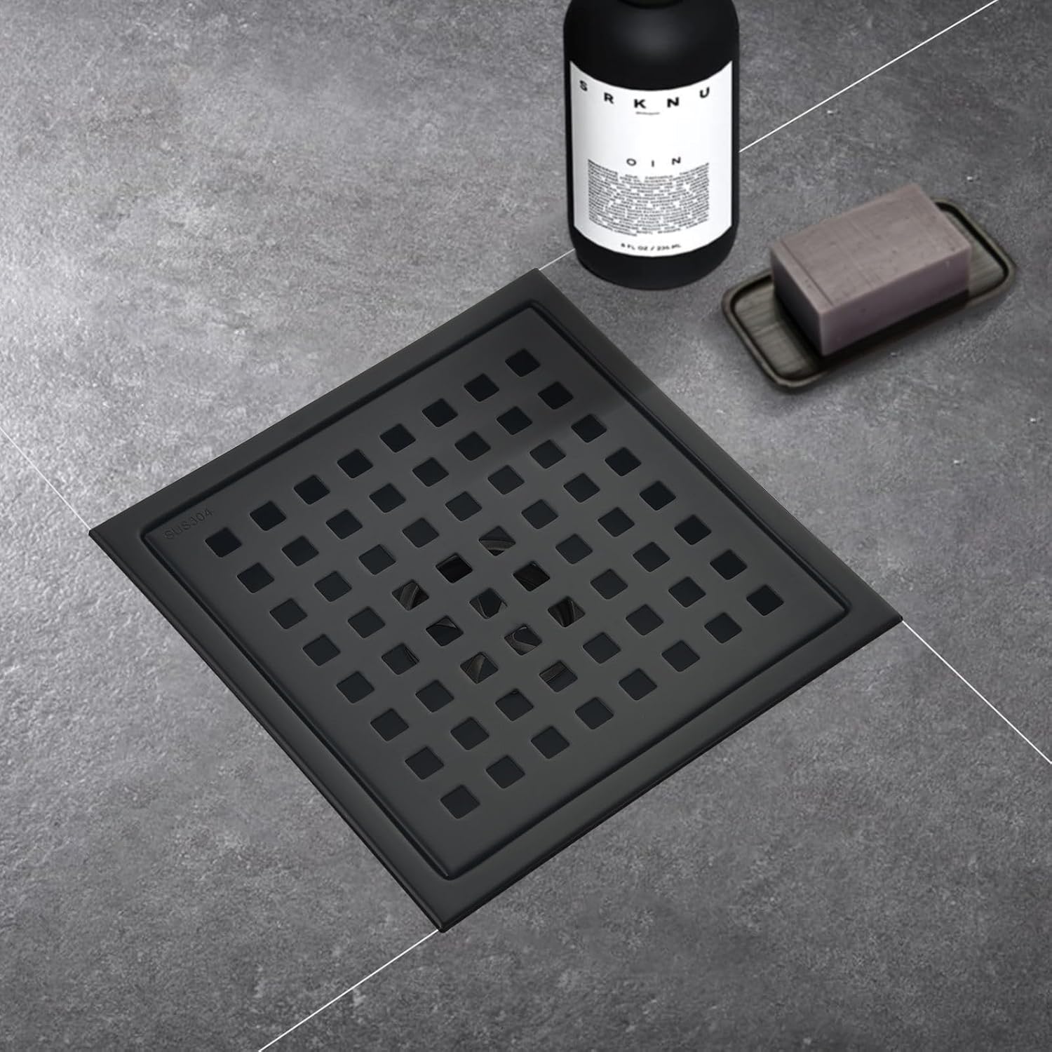 6 Inch Square Shower Drain with Flange in Matte Black Finish