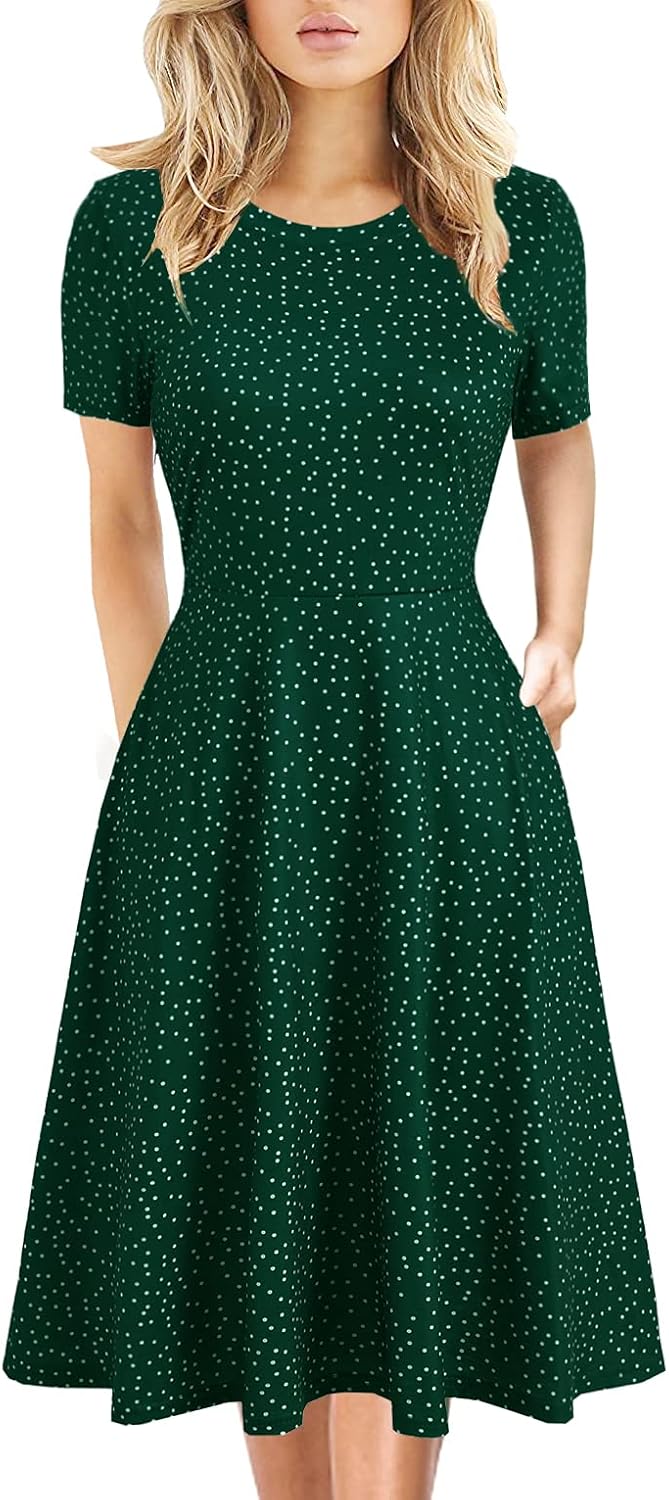 Women's Elegant Knee Length Floral Print Swing Dress with Pockets