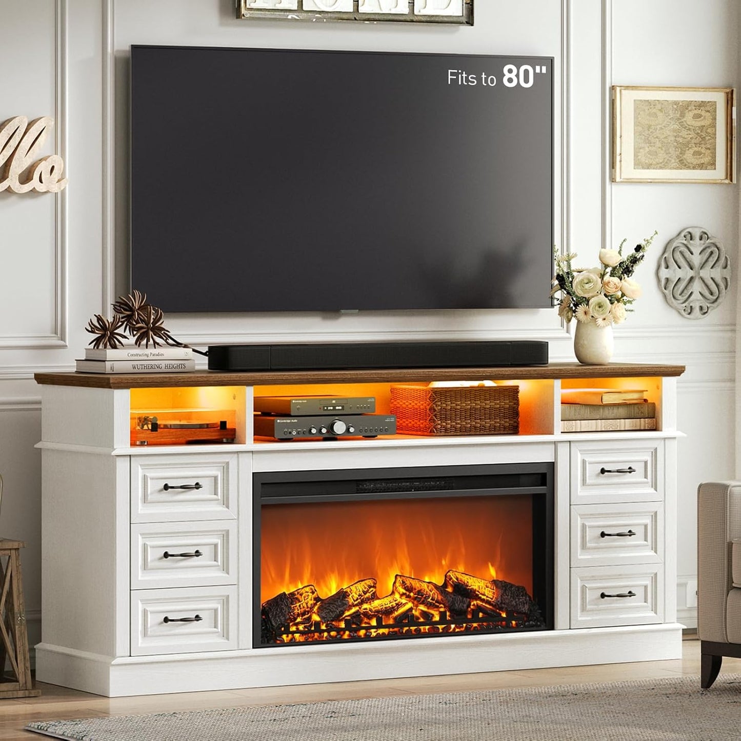 Rustic Fireplace TV Stand, LED Charging Station, Fits 80 TVs, 36 Fireplace, 6 Drawers, White/Walnut