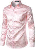 ZEROYAA Mens Luxury Jacquard Long Sleeve Dress Shirt - Silk-Like Shine
