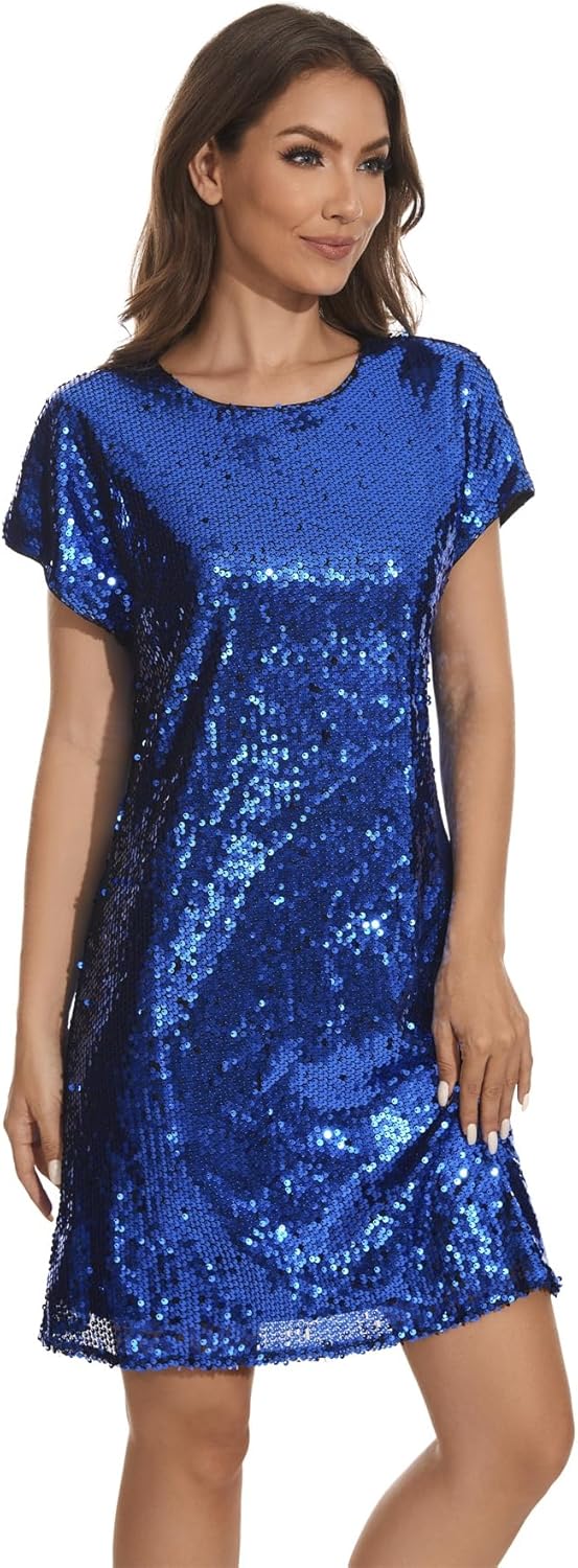 Women's Crewneck Sequin Shift Dress for Casual Holiday Parties