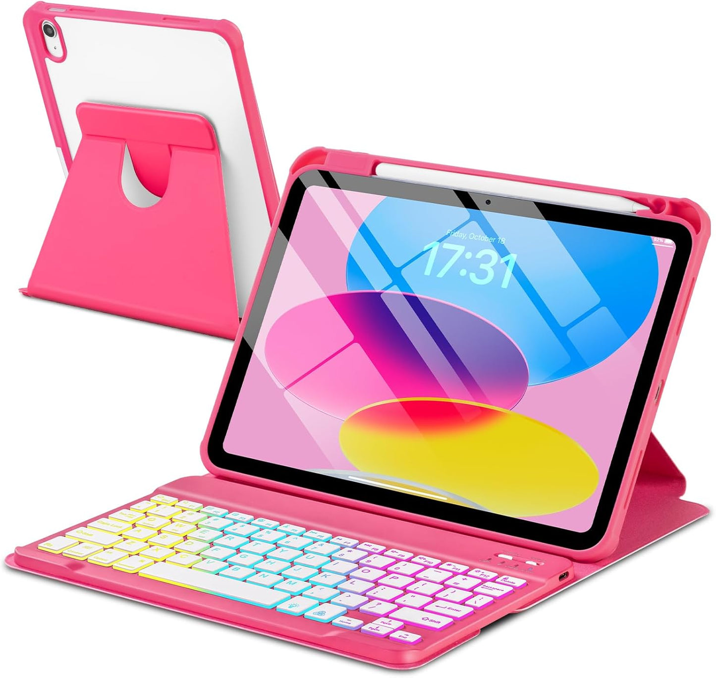 Rainbow Backlit Keyboard Case for iPad 11/10.9, Rotatable with Pencil Holder | Watermelon Red