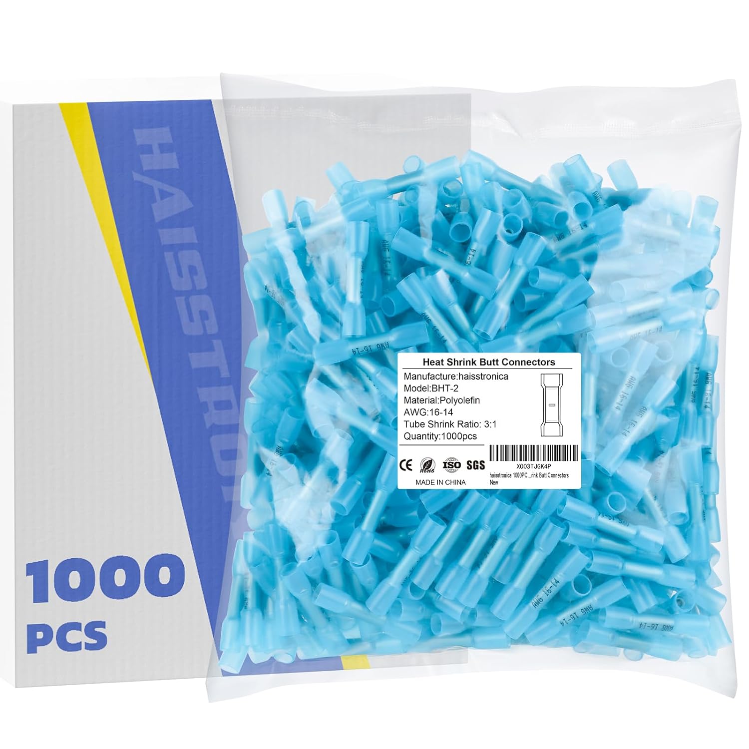 Haisstronica 1000PCS 16-14 AWG Blue Heat Shrink Butt Connectors