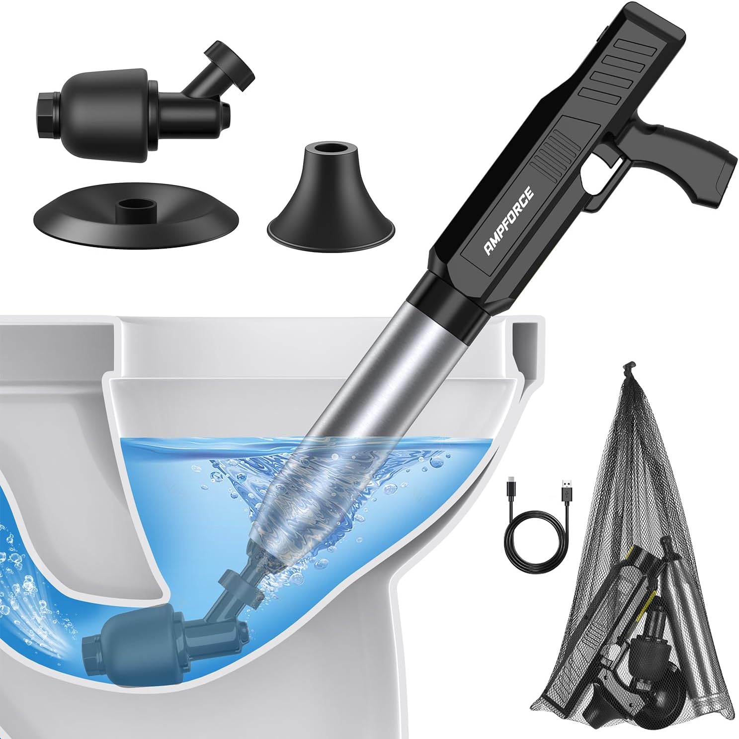 Electric Toilet Plunger for Bathroom by AMPFORCE - Powerful Unclogger