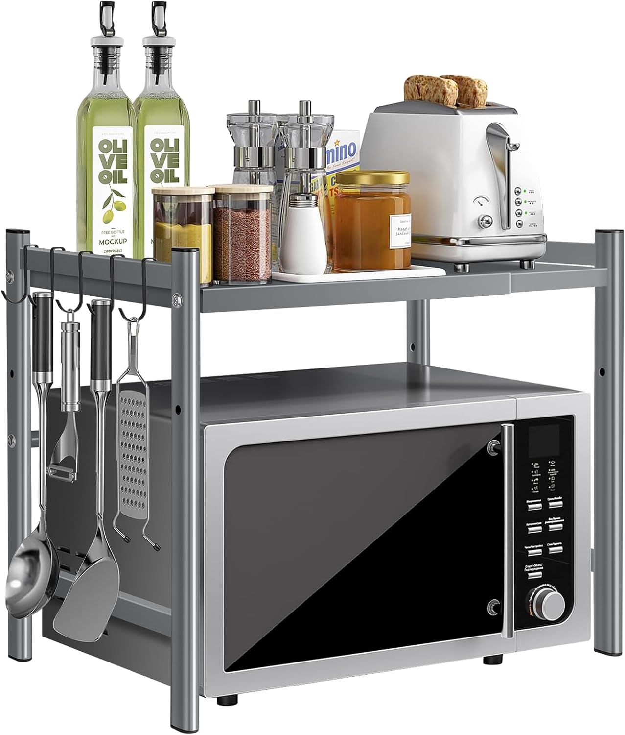 Adjustable 2-Tier Microwave Stand with Hooks