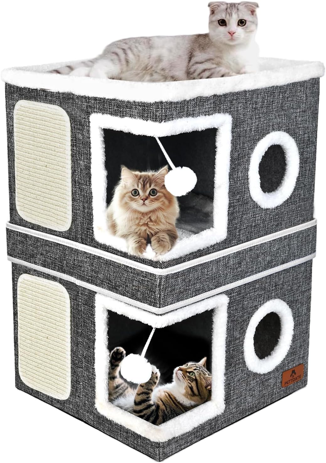2-Story Cat House for Indoor Cats with Scratch Pad and Ball