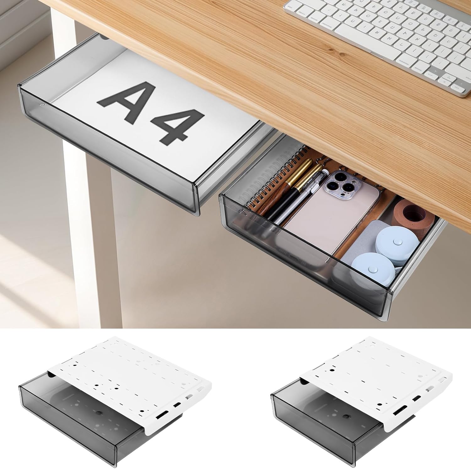 2 Pack Hidden Attachable Under Desk Drawers by Tolare - Maximizes Desk Space