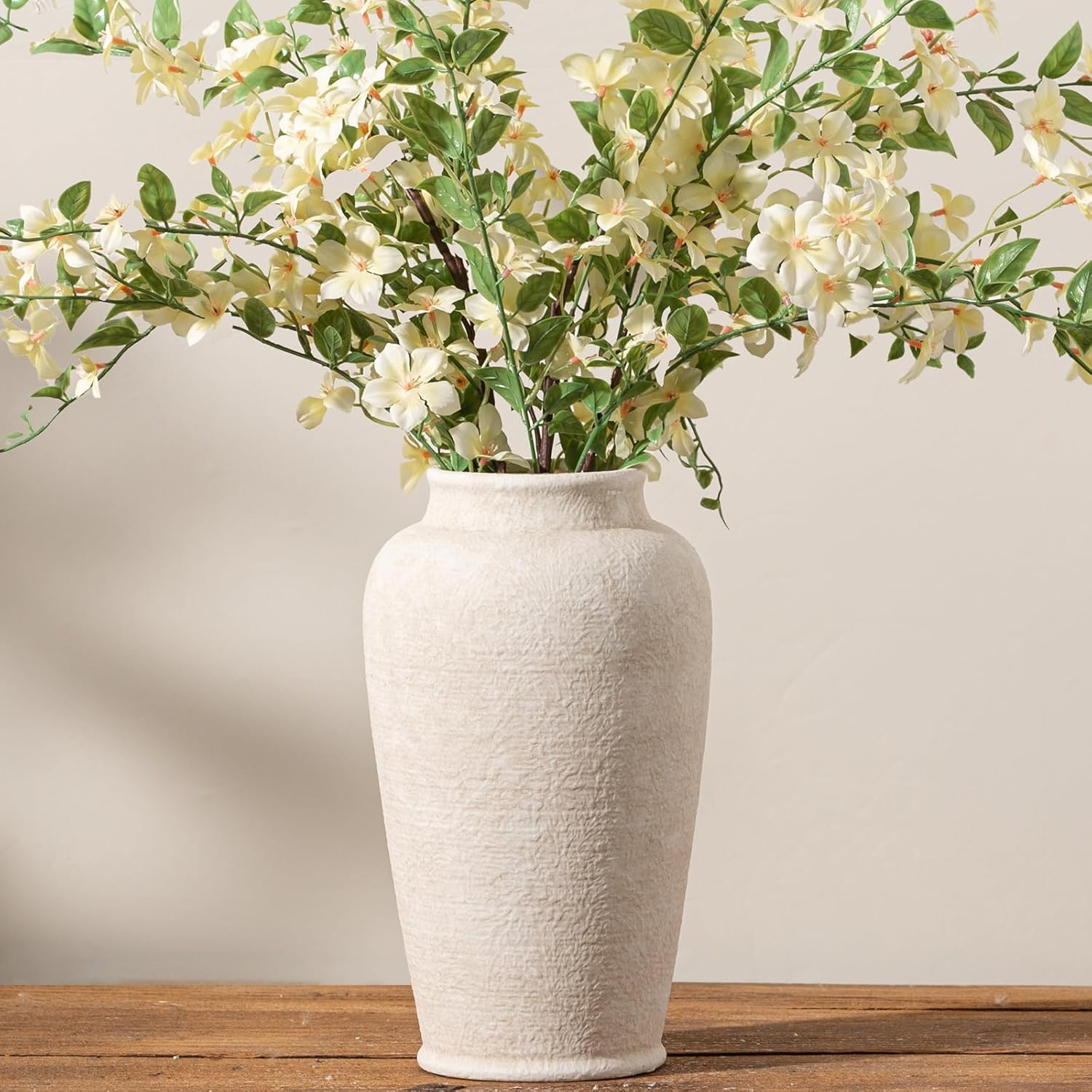 Ceramic Flower Vase for Home Decor - Rustic 11 Inch White Vase