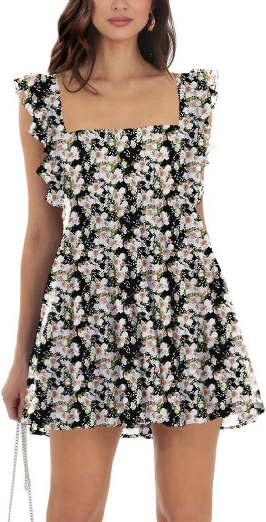 Womens Summer Square Neck Tie Back Ruffle Sleeve Mini Dress